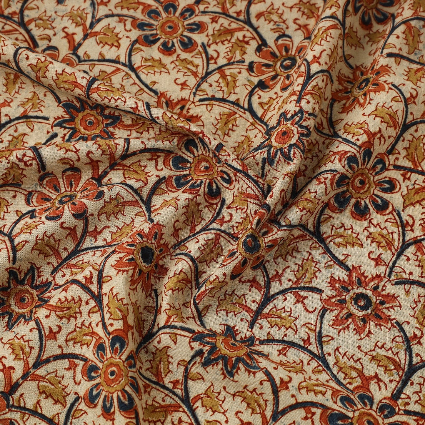  Beige Block Print Cotton Pedana Kalamkari Fabric