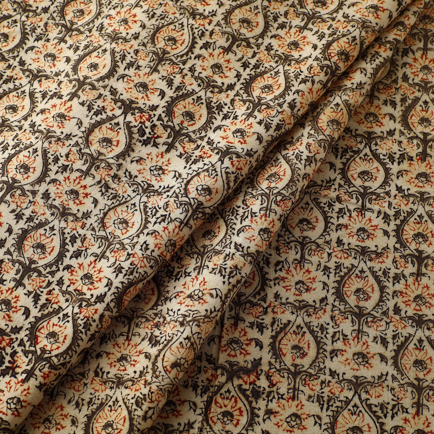  Beige Block Print Cotton Pedana Kalamkari Fabric