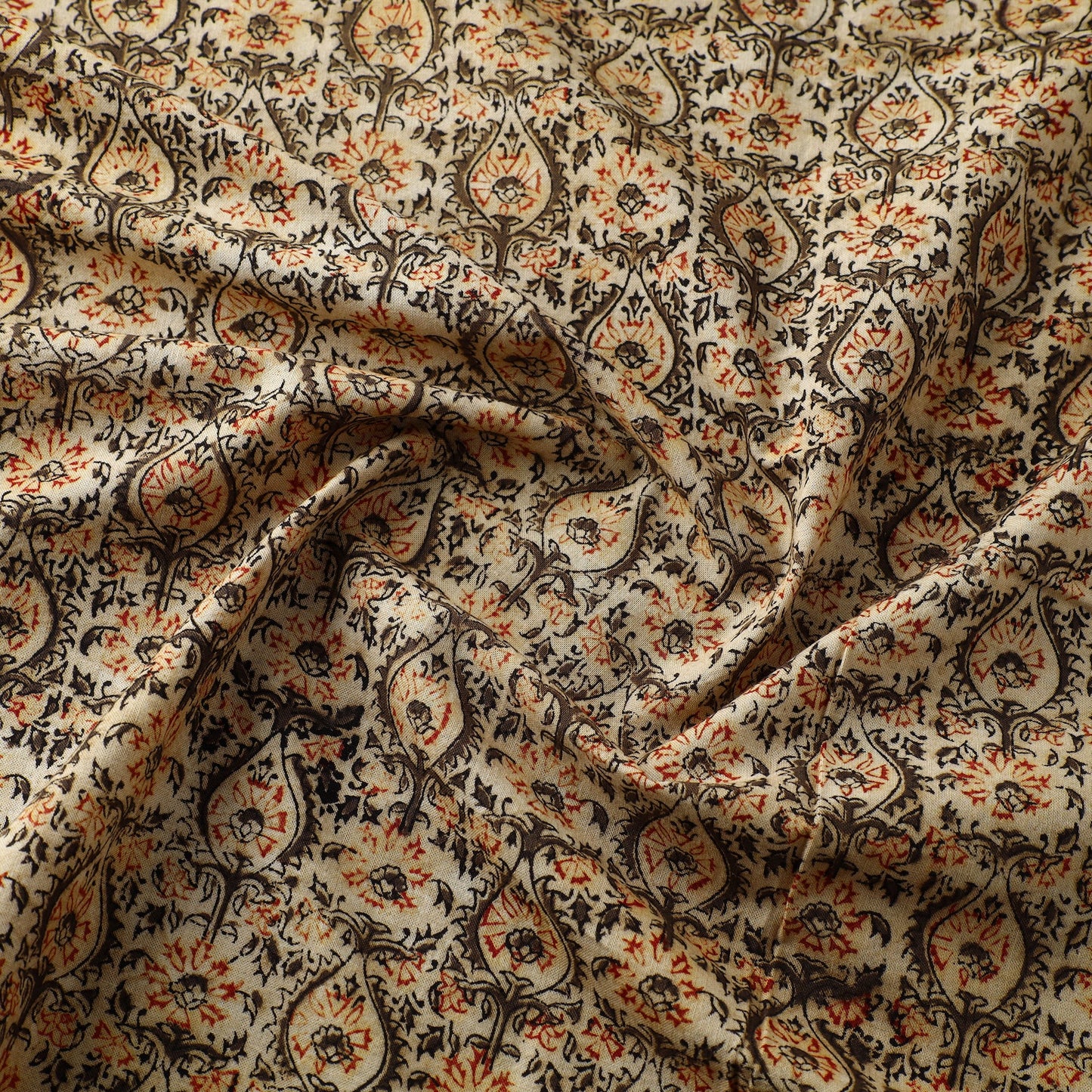  Beige Block Print Cotton Pedana Kalamkari Fabric