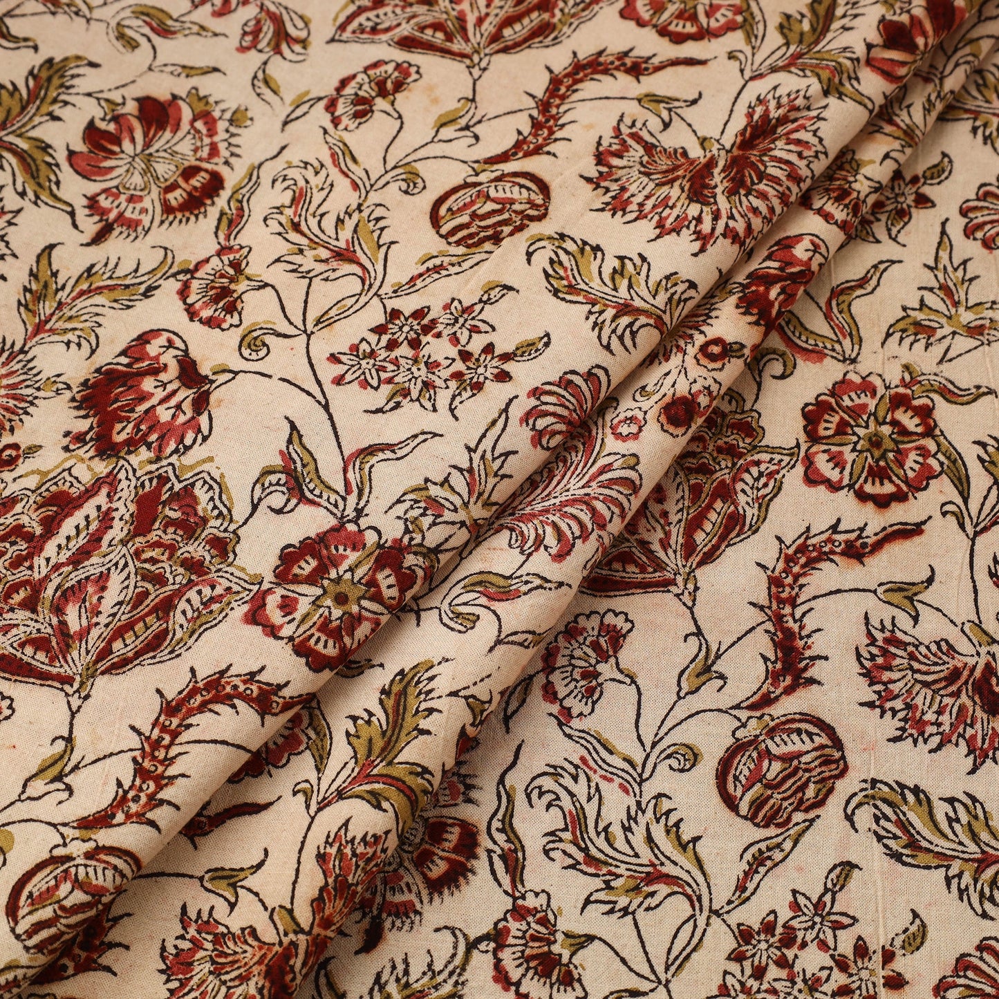  Beige Block Print Cotton Pedana Kalamkari Fabric