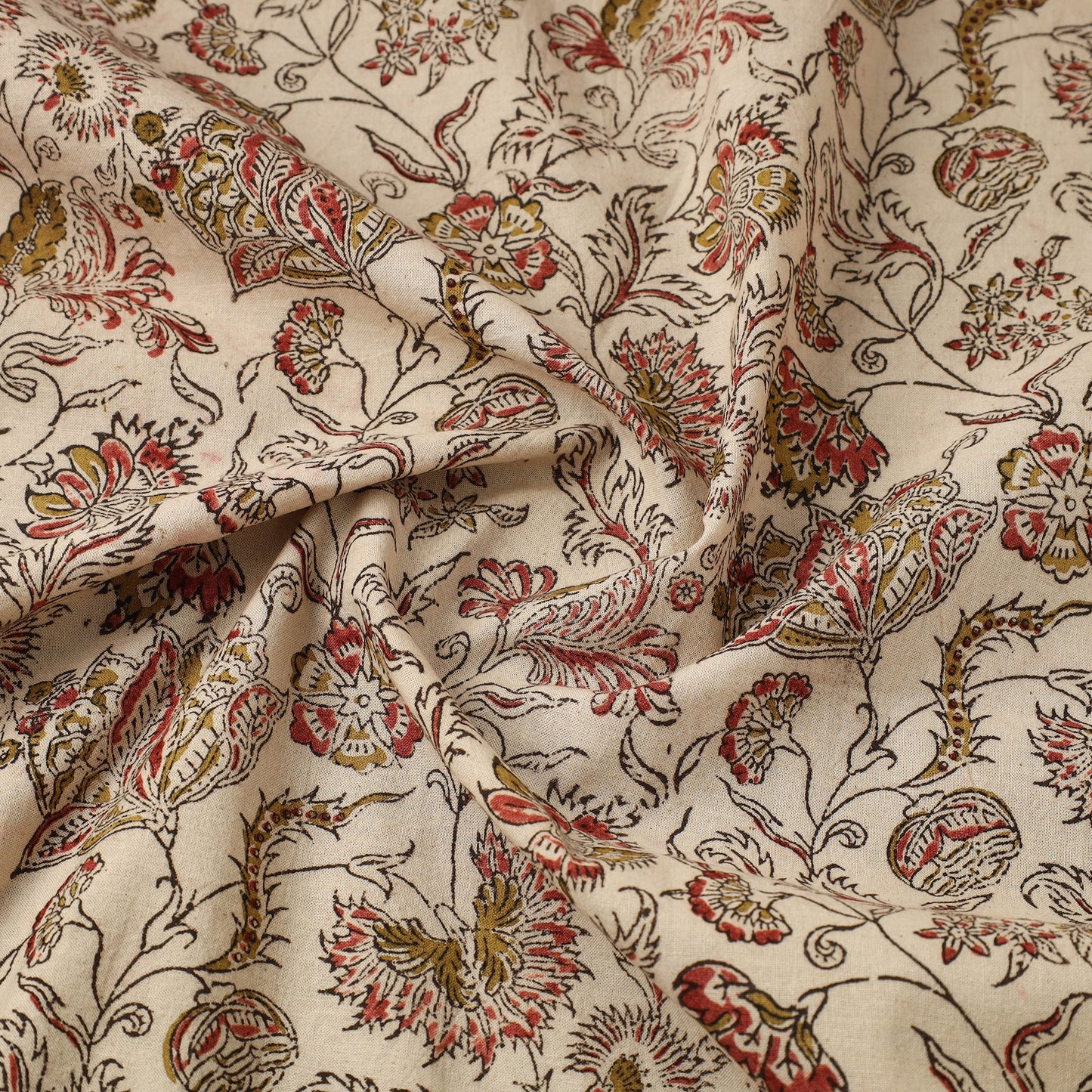  Beige Block Print Cotton Pedana Kalamkari Fabric