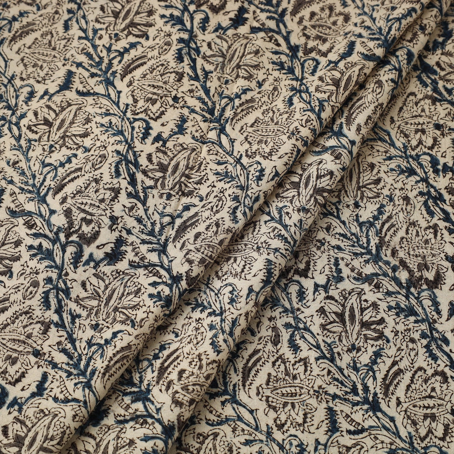  Beige Block Print Cotton Pedana Kalamkari Fabric
