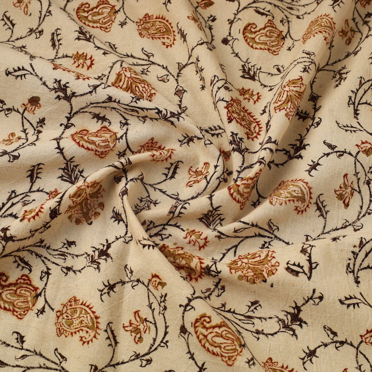  Beige Block Print Cotton Pedana Kalamkari Fabric