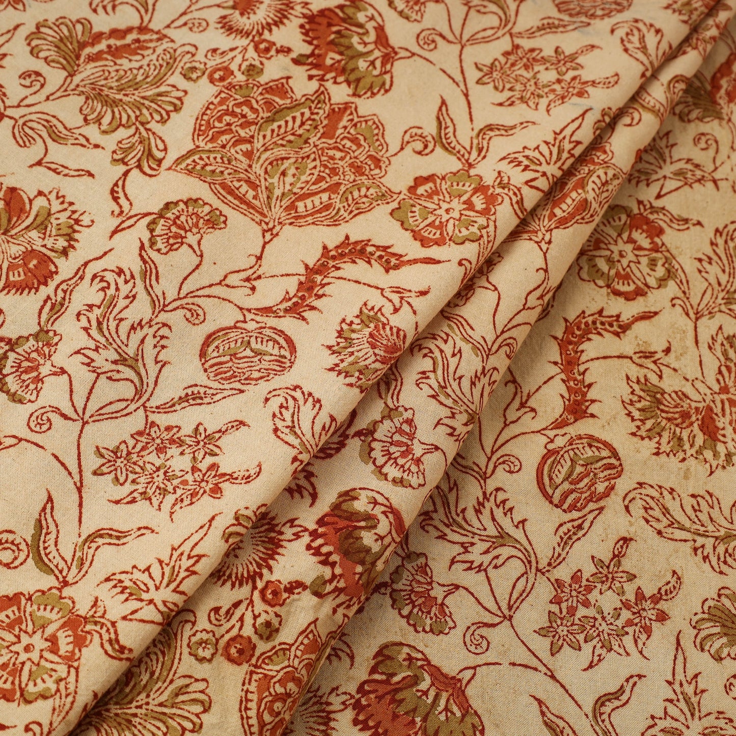 Beige Block Print Cotton Pedana Kalamkari Fabric