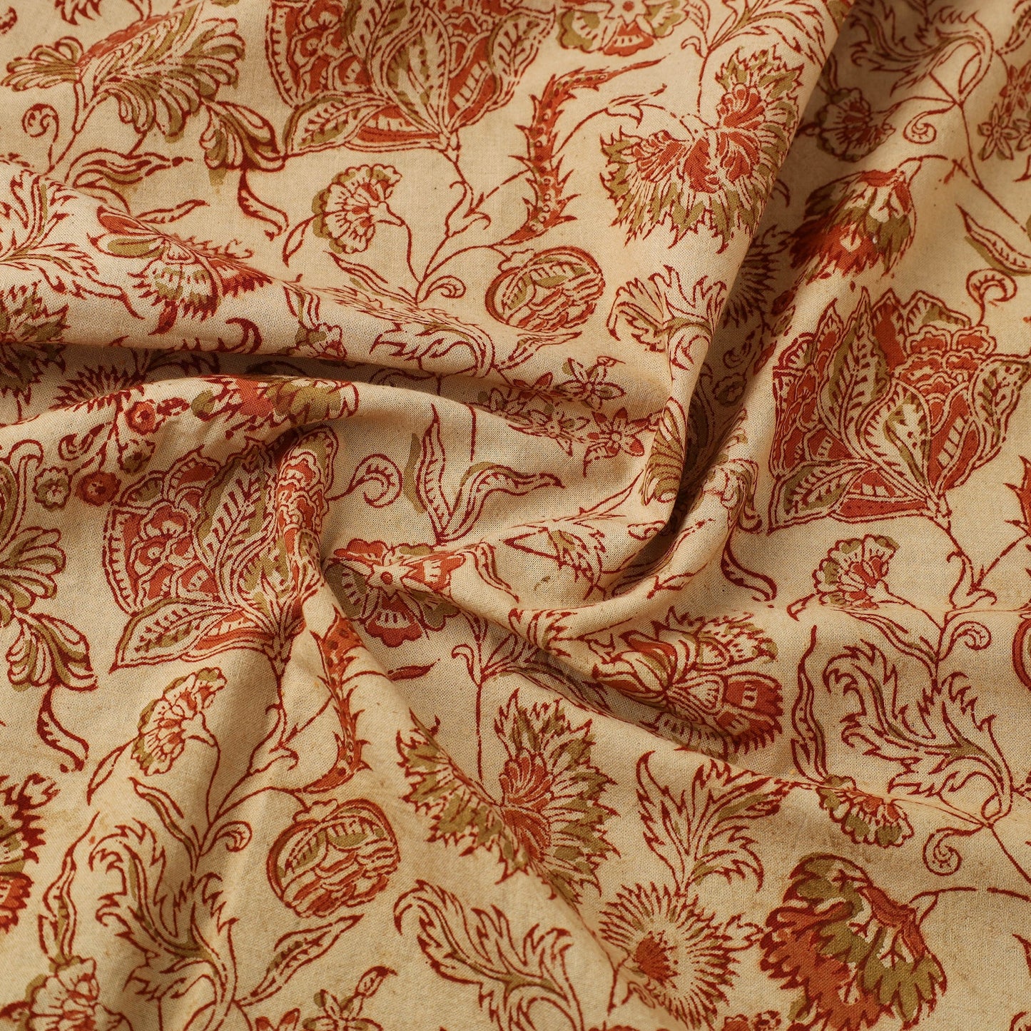  Beige Block Print Cotton Pedana Kalamkari Fabric