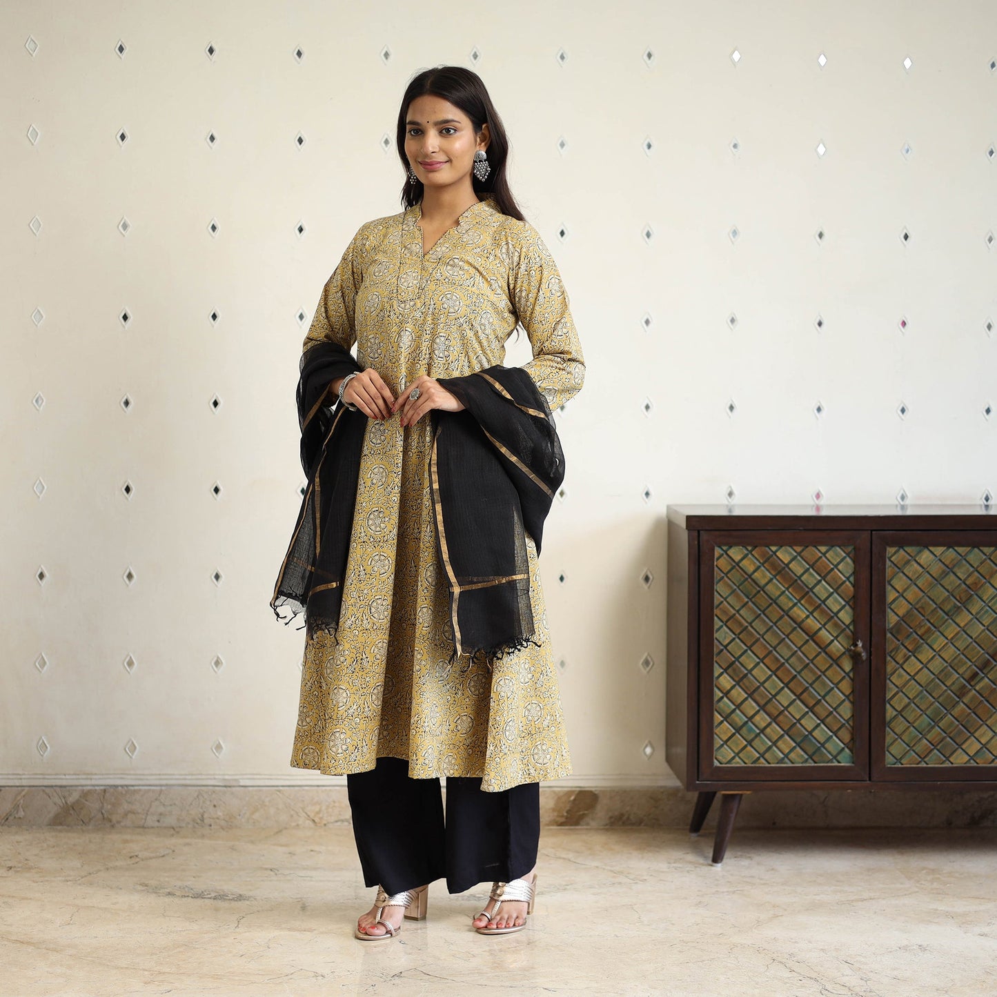 Beige Block Print Cotton Pedana Kalamkari Kurta Set (Set of 3)