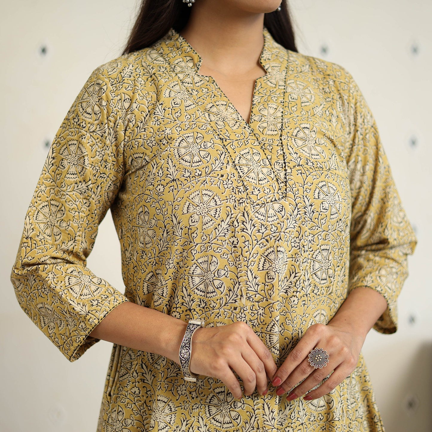Beige Block Print Cotton Pedana Kalamkari Kurta Set (Set of 3)