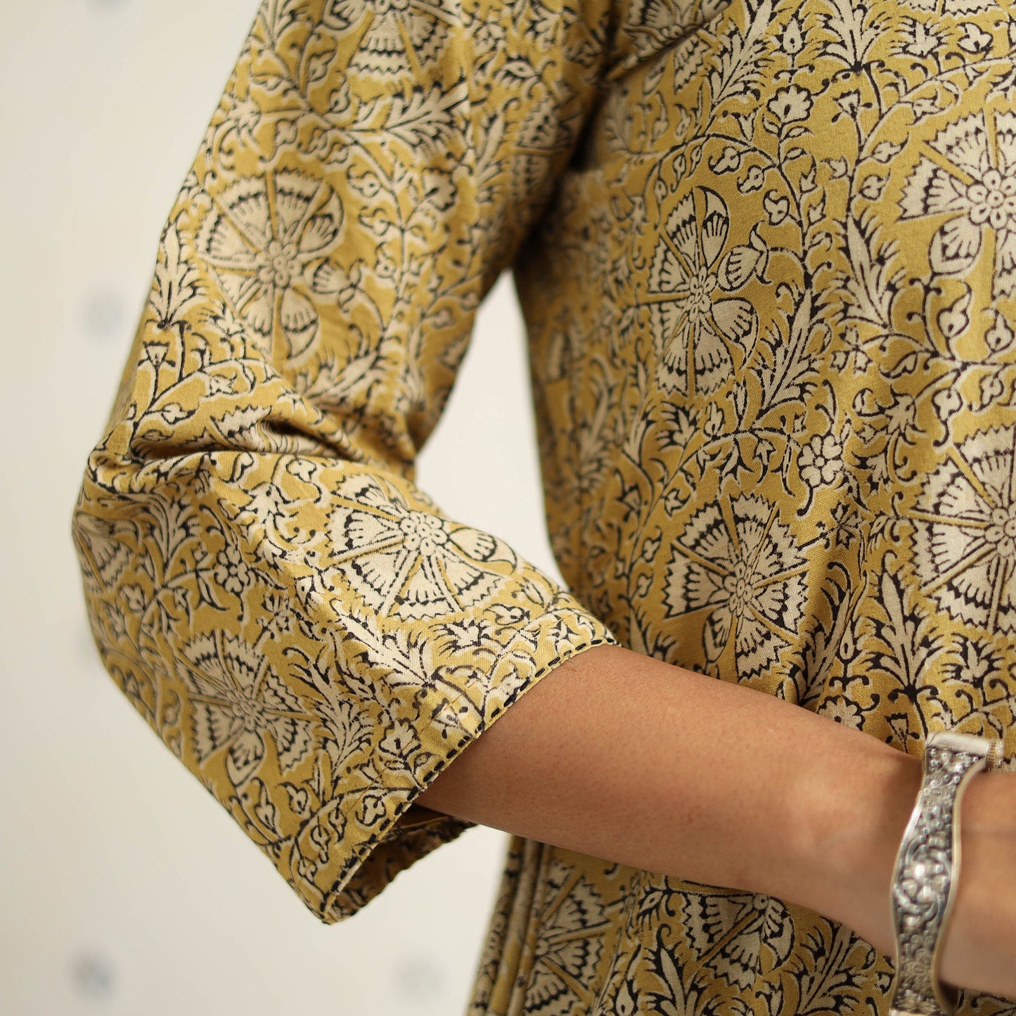 Beige Block Print Cotton Pedana Kalamkari Kurta Set (Set of 3)