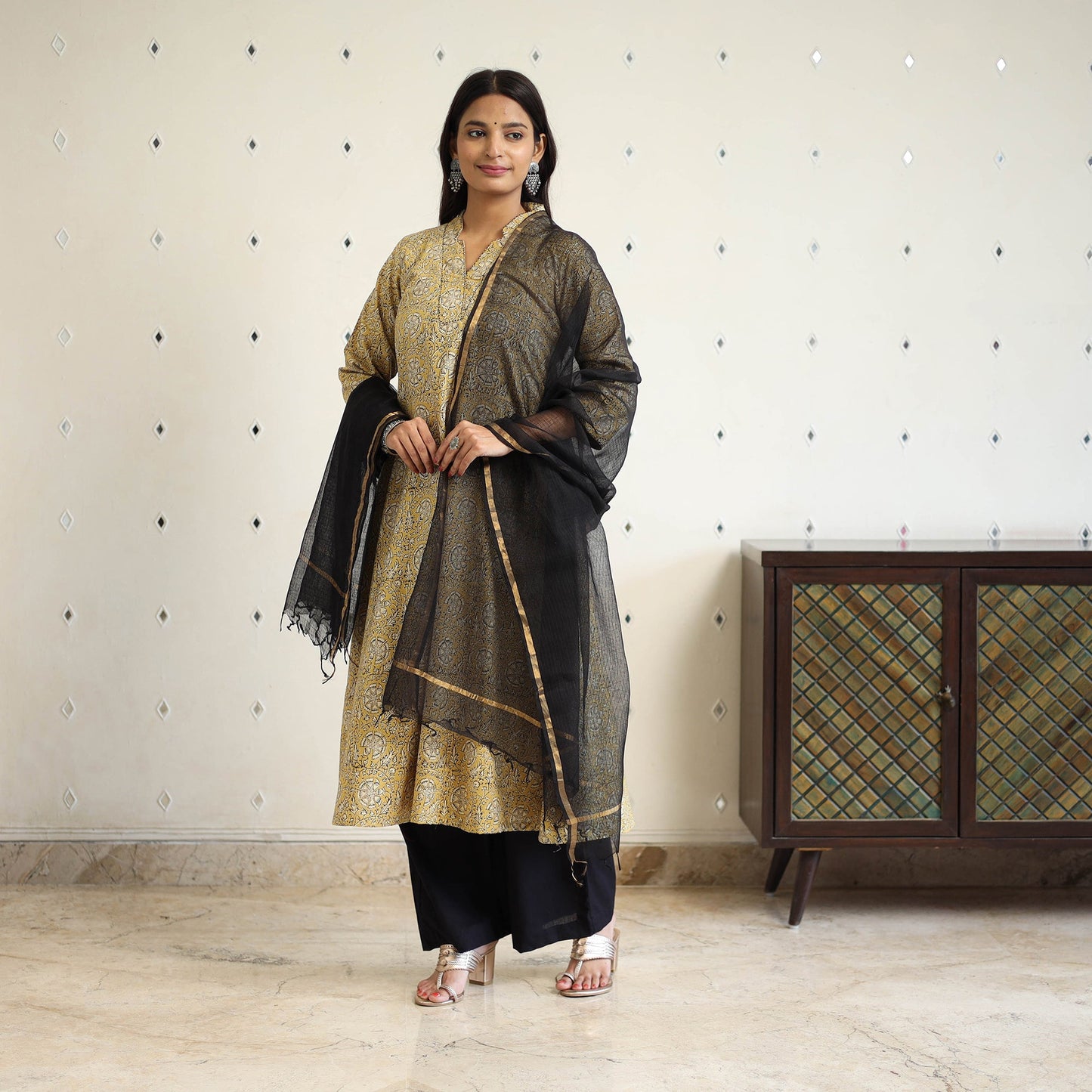 Beige Block Print Cotton Pedana Kalamkari Kurta Set (Set of 3)