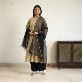 Beige Block Print Cotton Pedana Kalamkari Kurta Set (Set of 3)