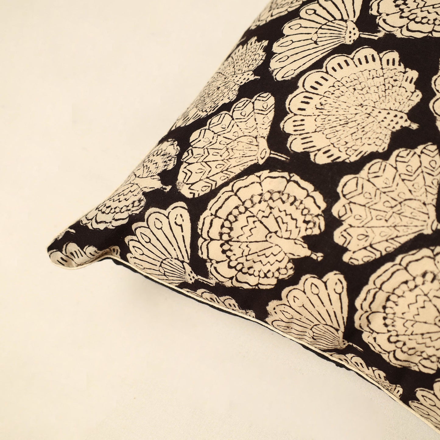 Beige - Cotton Block Printed Bagru Cushion Cover (16 x 16 in) 16