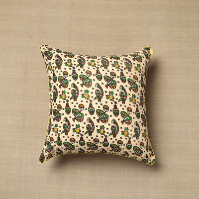 Beige - cotton printed kalamkari cushion cover (16 x 16 in)