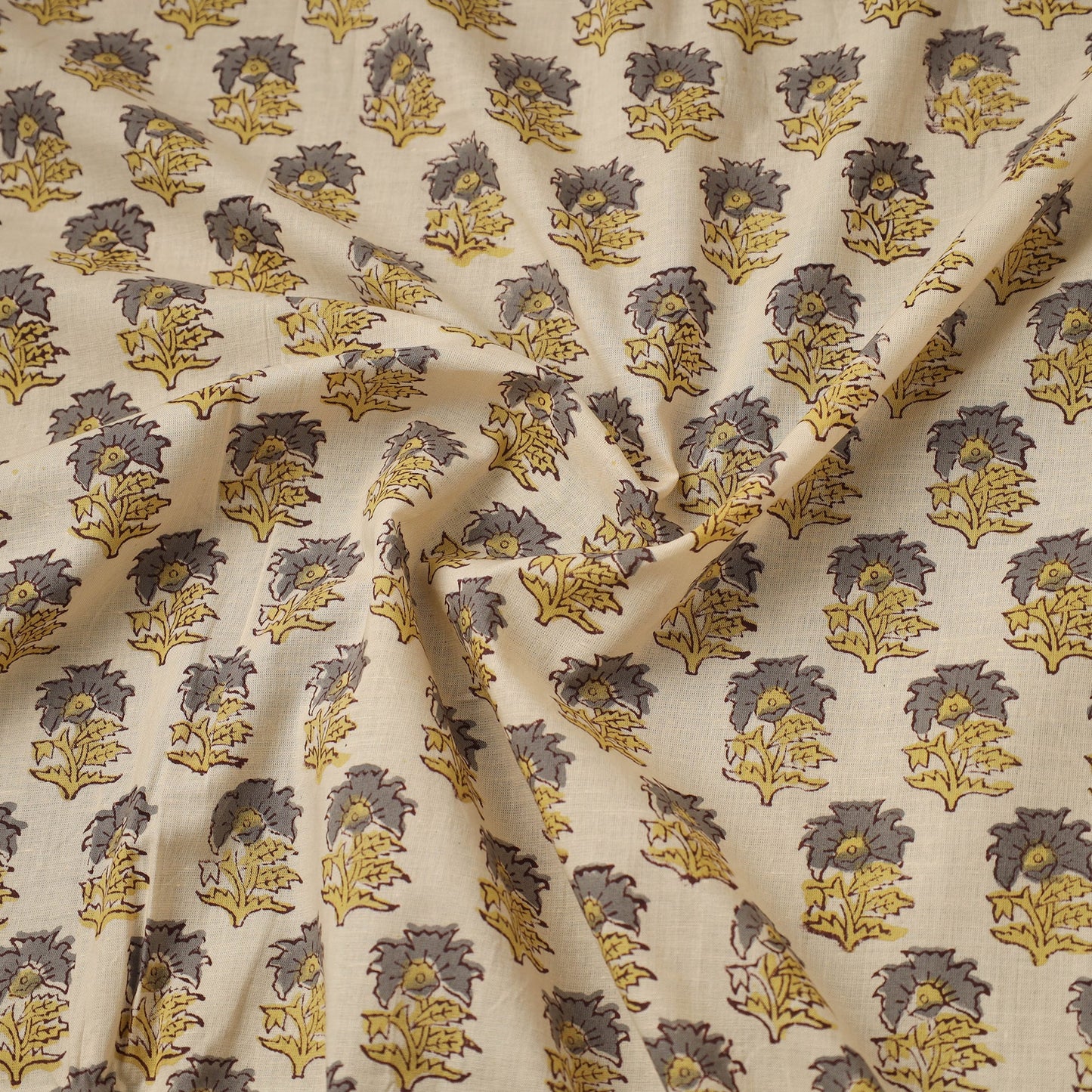 Beige Block Print Cotton Sanganeri Fabric
