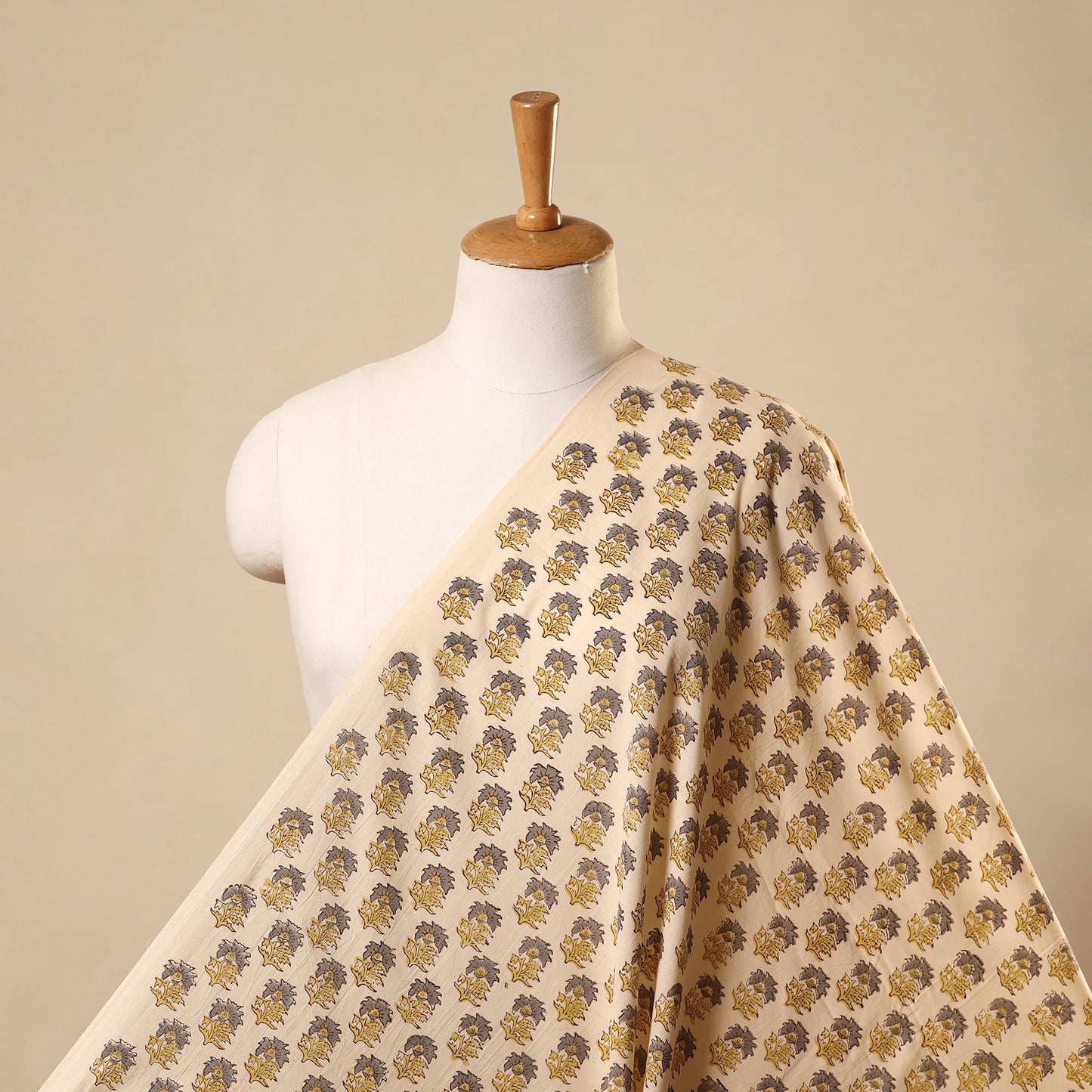 Beige Block Print Cotton Sanganeri Fabric