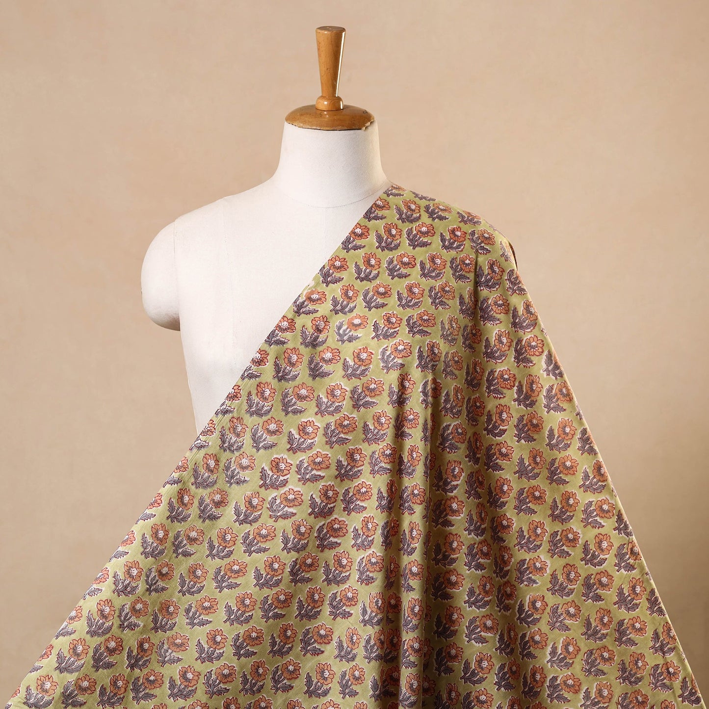 Green Block Print Cotton Sanganeri Fabric