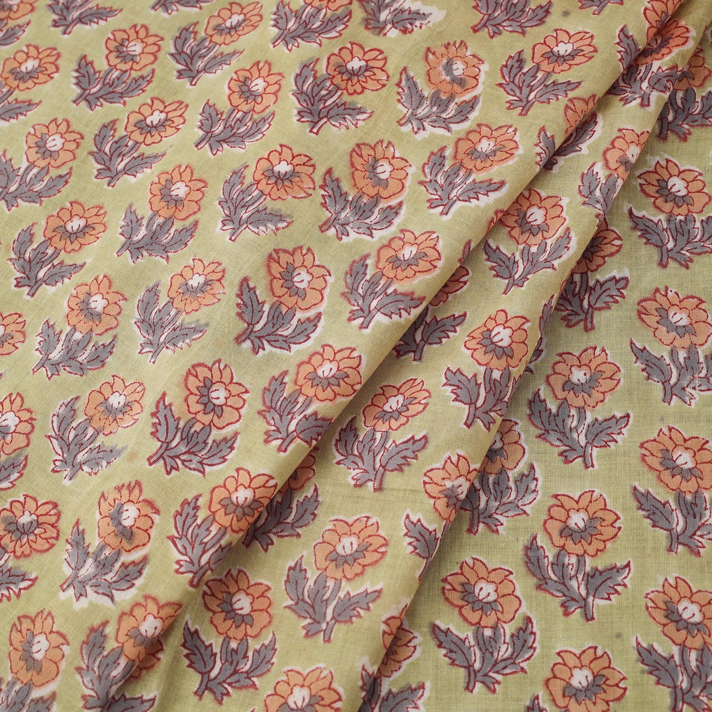 Green Block Print Cotton Sanganeri Fabric