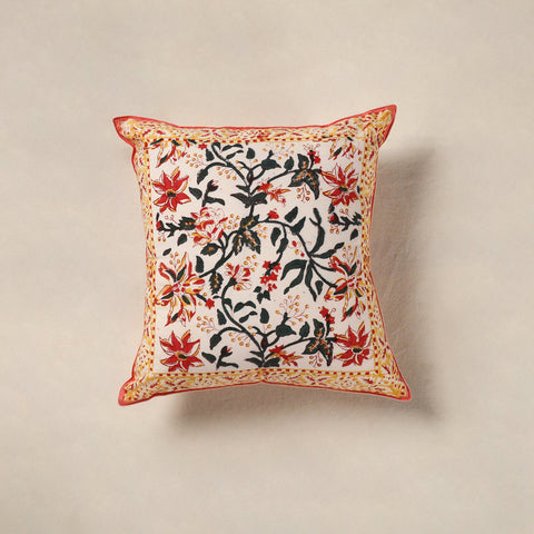 Beige - cotton sanganeri floral cushion cover (16 x 16 in)