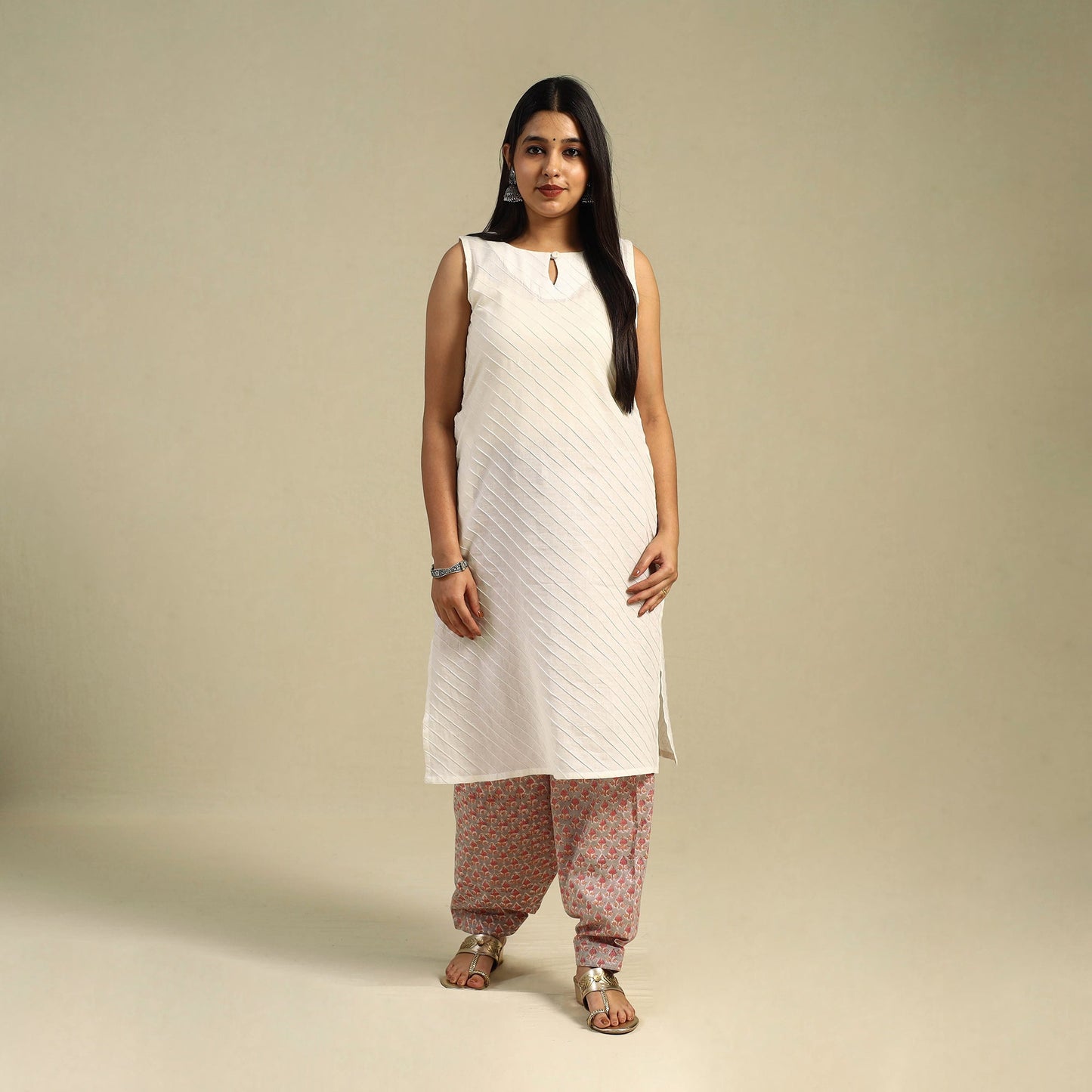 Beige Block Print Cotton Sanganeri Salwar