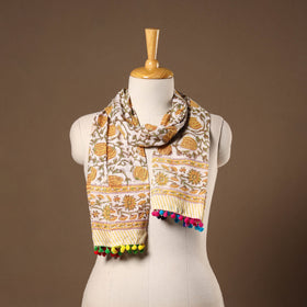 Beige - cotton sanganeri stole with pom 29 - handcrafted