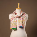 Beige - cotton sanganeri stole with pom 32 - handcrafted
