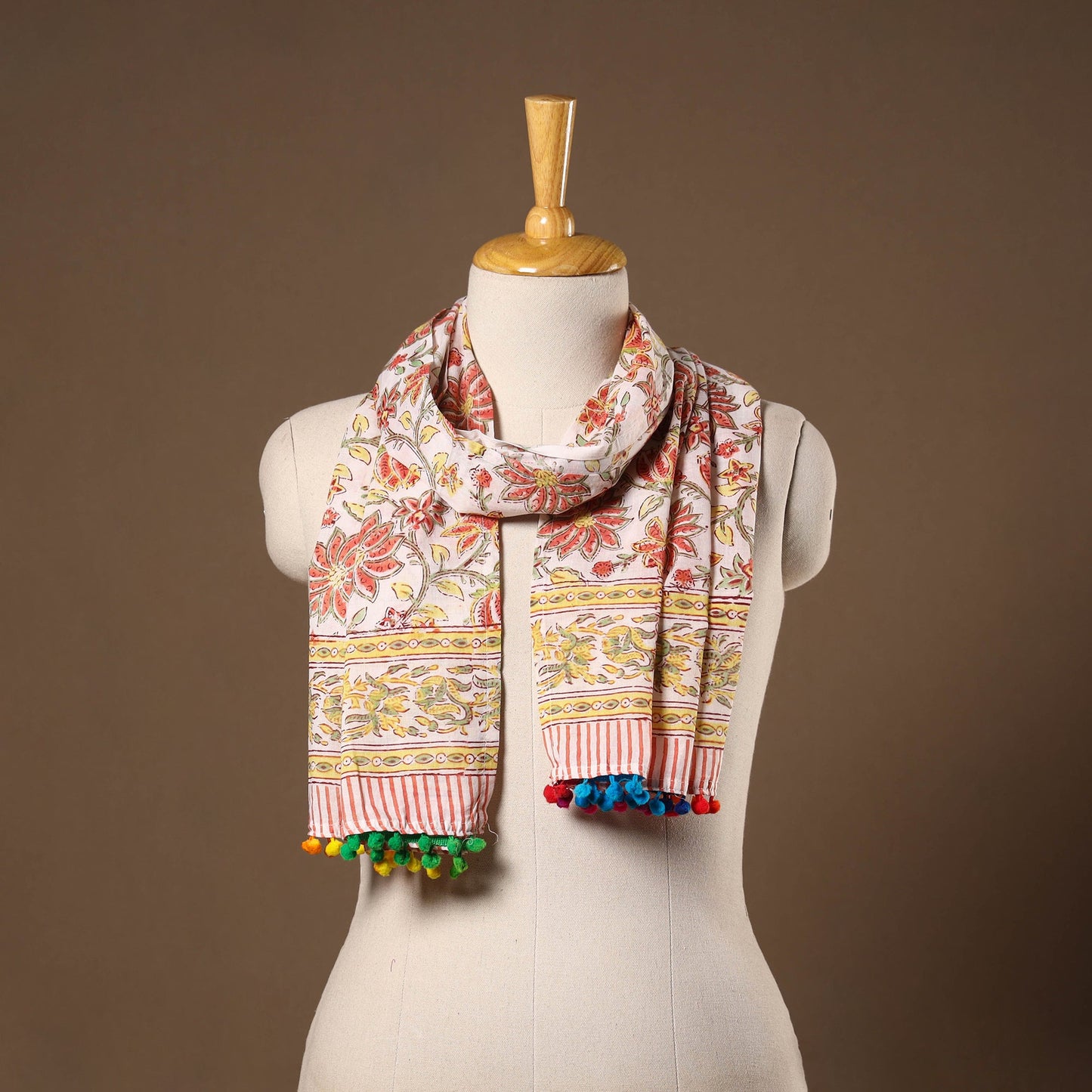 Beige - cotton sanganeri stole with pom 32 - handcrafted