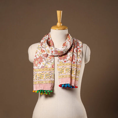 Beige - cotton sanganeri stole with pom 32 - handcrafted