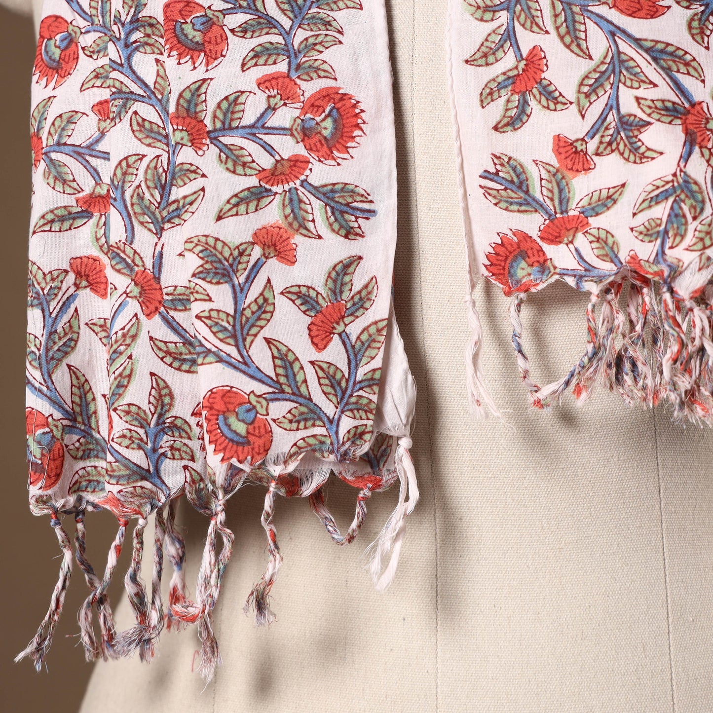 Beige - cotton sanganeri stole with tassels 15 - handcrafted