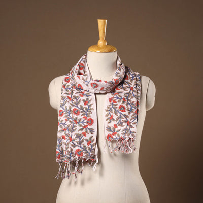 Beige - cotton sanganeri stole with tassels 15 - handcrafted