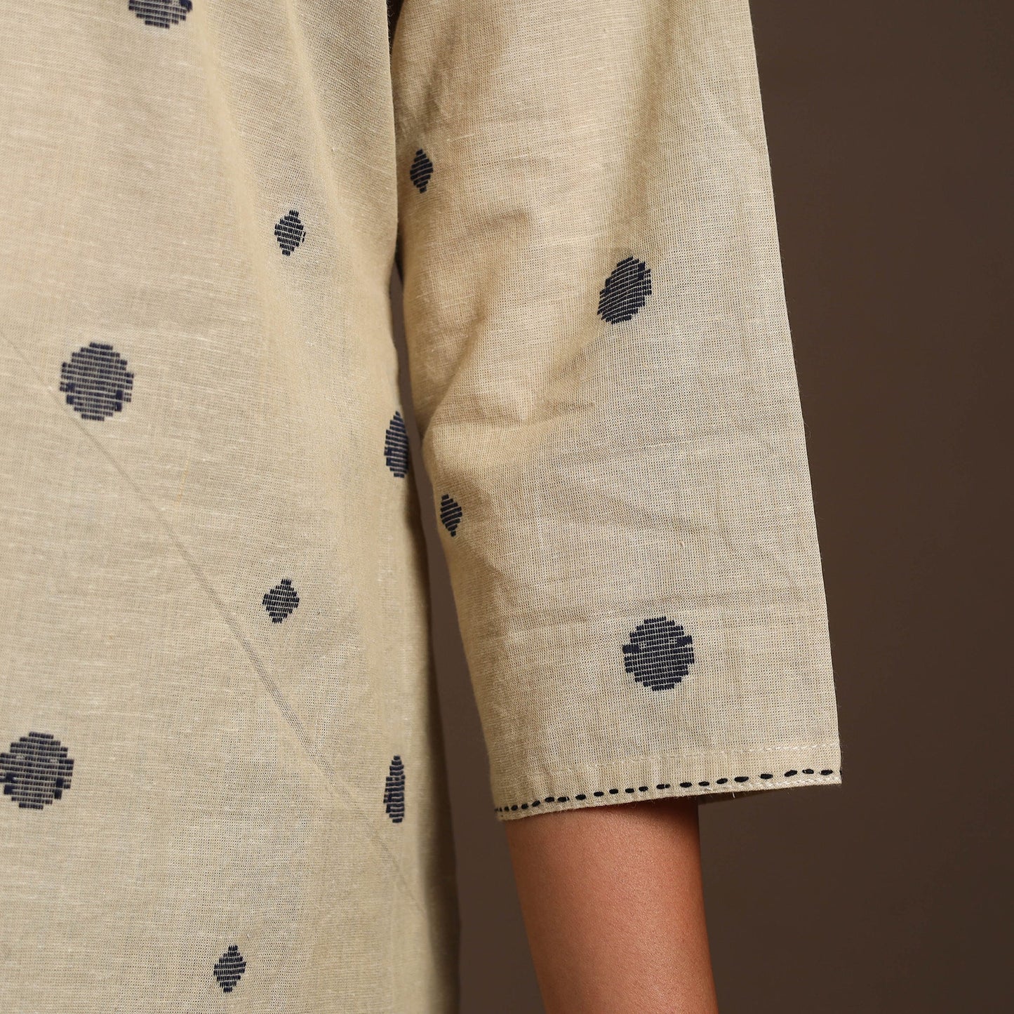 Beige - cotton short jacquard kurta with hand embroidery 02