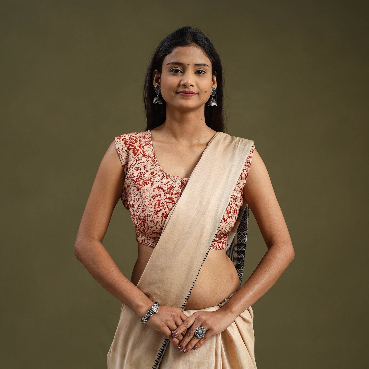 Buy Beige Block Print Cotton Stitched Kalamkari Blouse