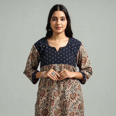  Beige Block Print Cotton Straight Kalamkari Kurta for Women