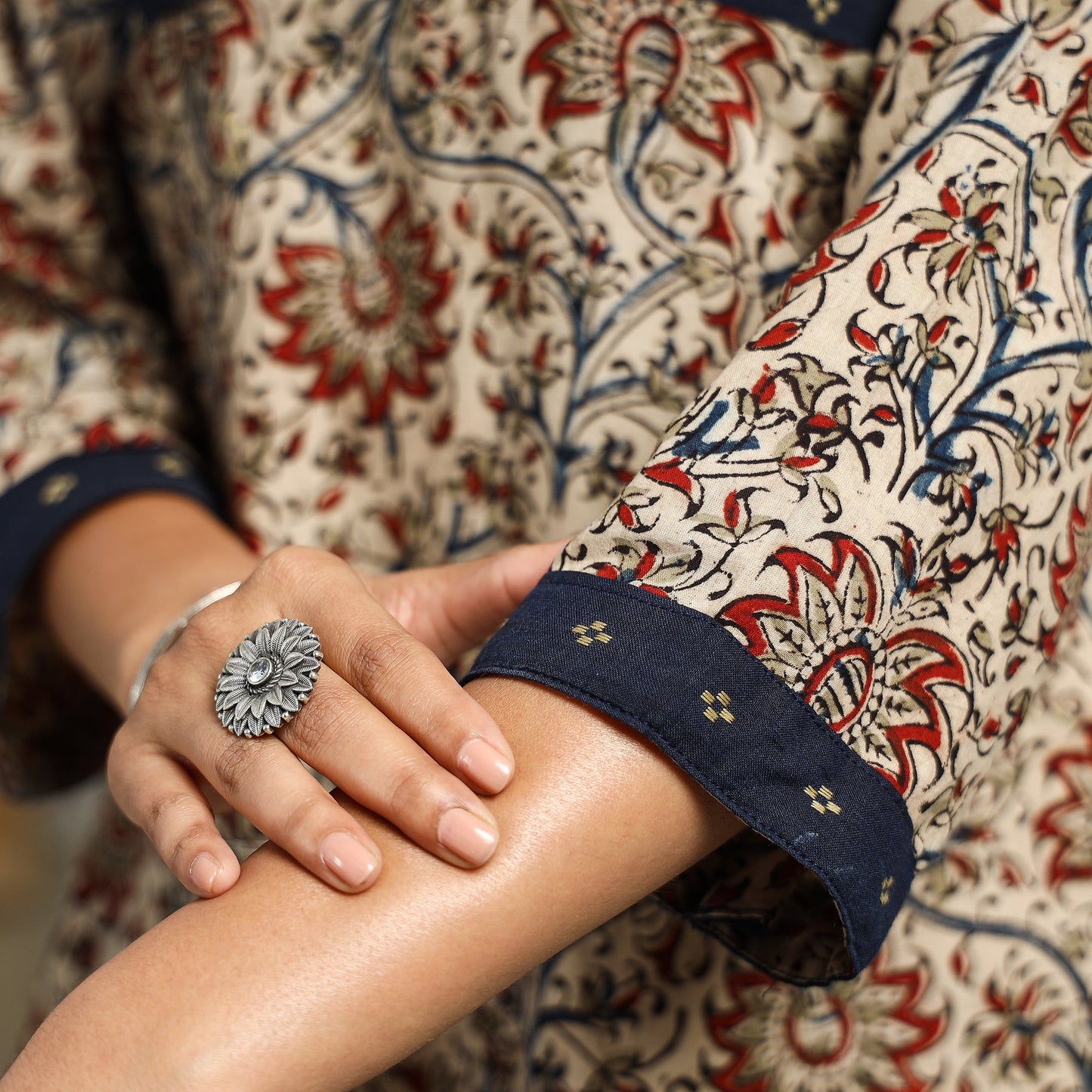  Beige Block Print Cotton Straight Kalamkari Kurta for Women