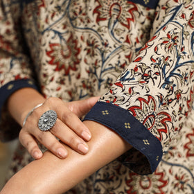  Beige Block Print Cotton Straight Kalamkari Kurta for Women