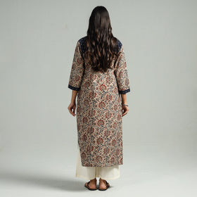  Beige Block Print Cotton Straight Kalamkari Kurta for Women