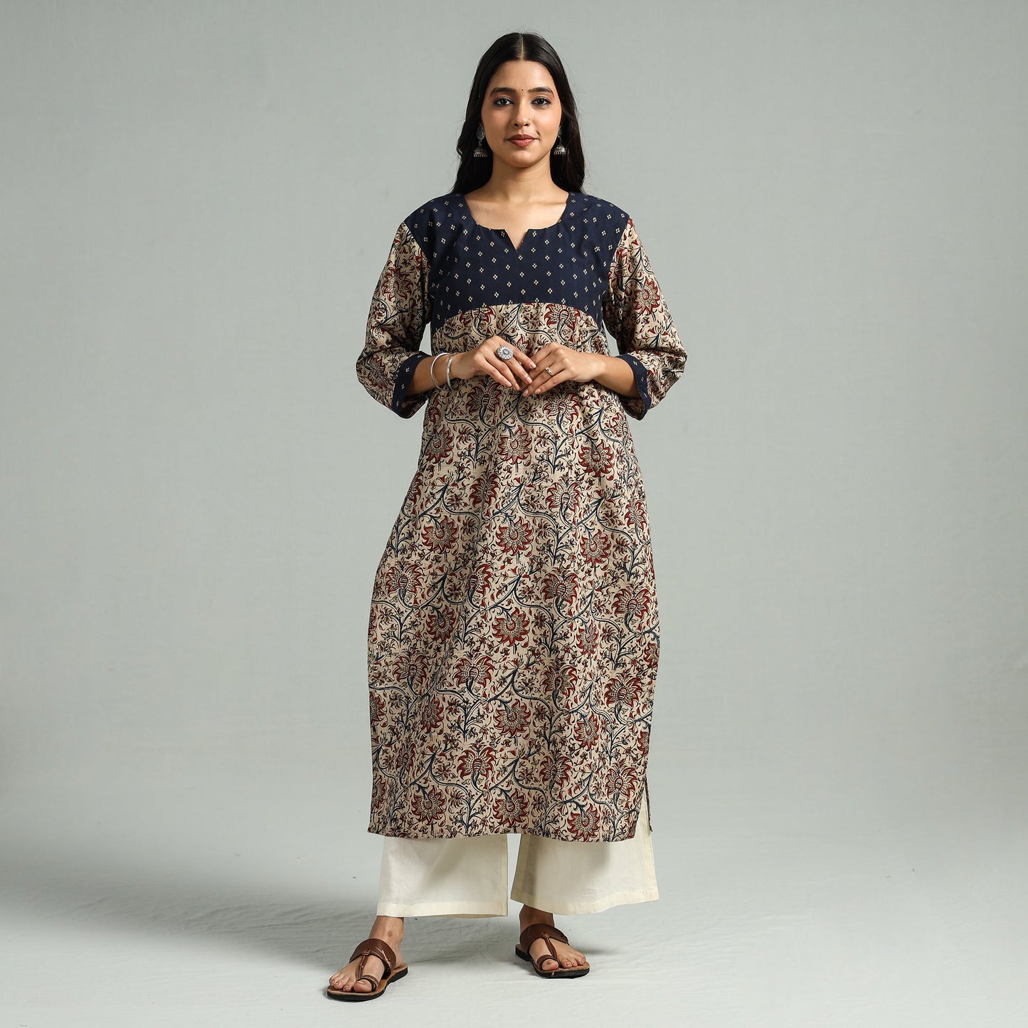  Beige Block Print Cotton Straight Kalamkari Kurta for Women