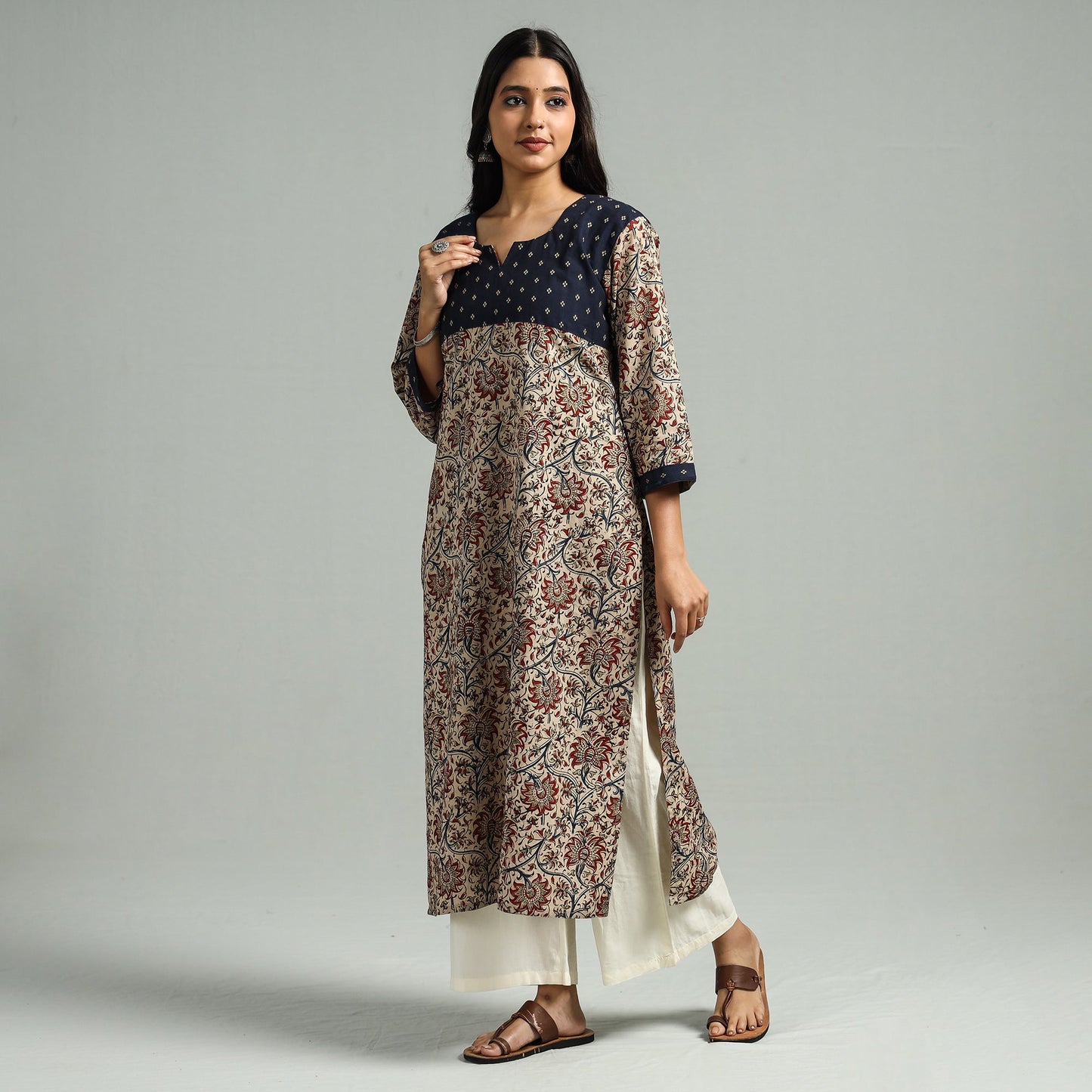 Beige Block Print Cotton Straight Kalamkari Kurta for Women
