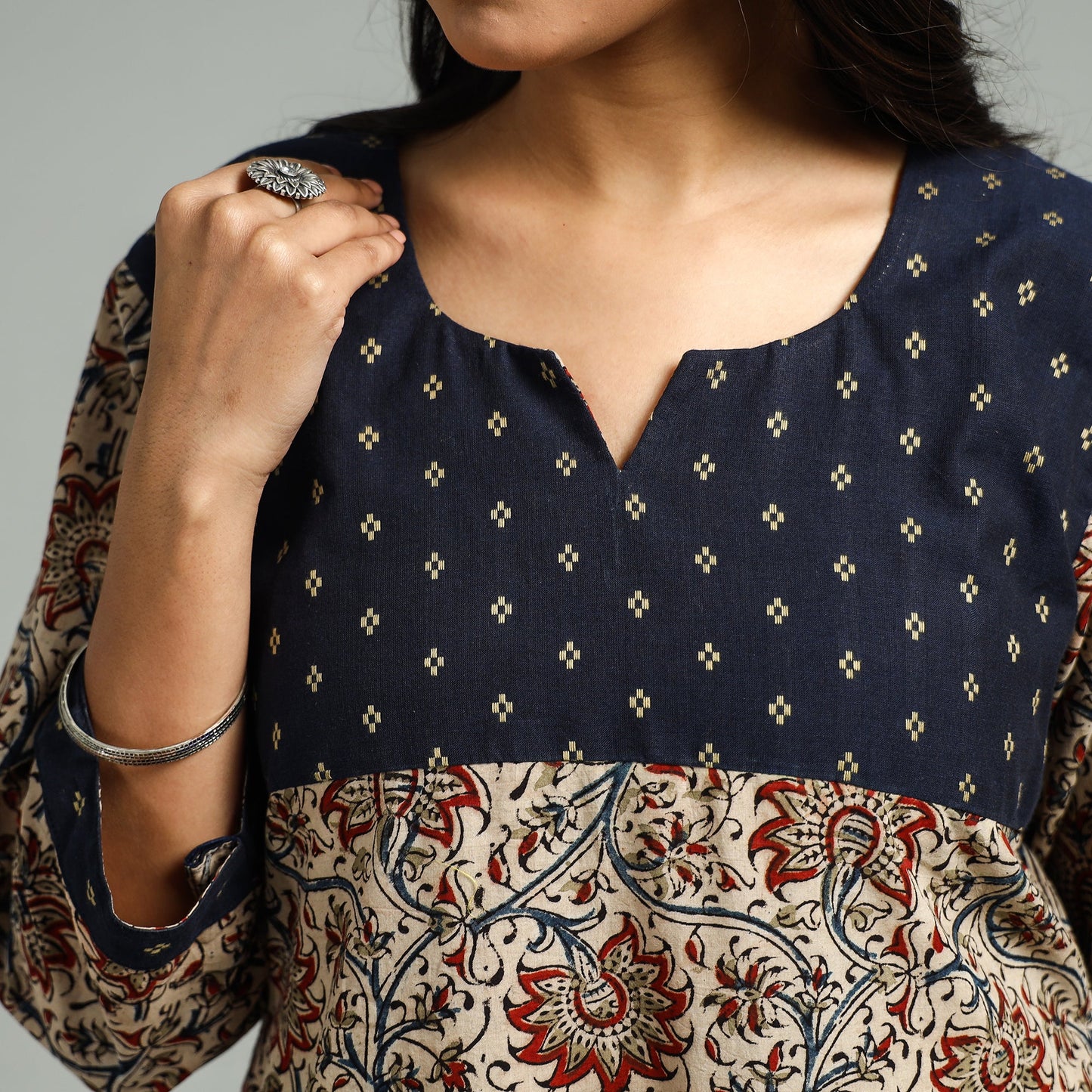  Beige Block Print Cotton Straight Kalamkari Kurta for Women