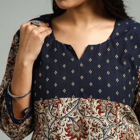  Beige Block Print Cotton Straight Kalamkari Kurta for Women