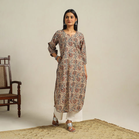  Beige Block Print Cotton Straight Kalamkari Kurta For Women