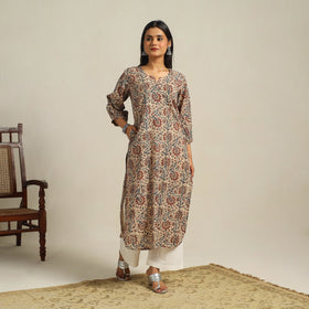  Beige Block Print Cotton Straight Kalamkari Kurta For Women