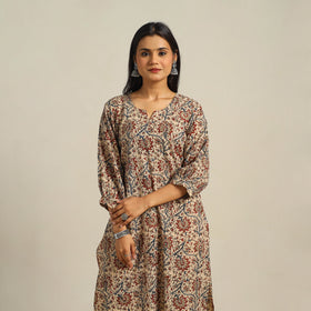  Beige Block Print Cotton Straight Kalamkari Kurta For Women