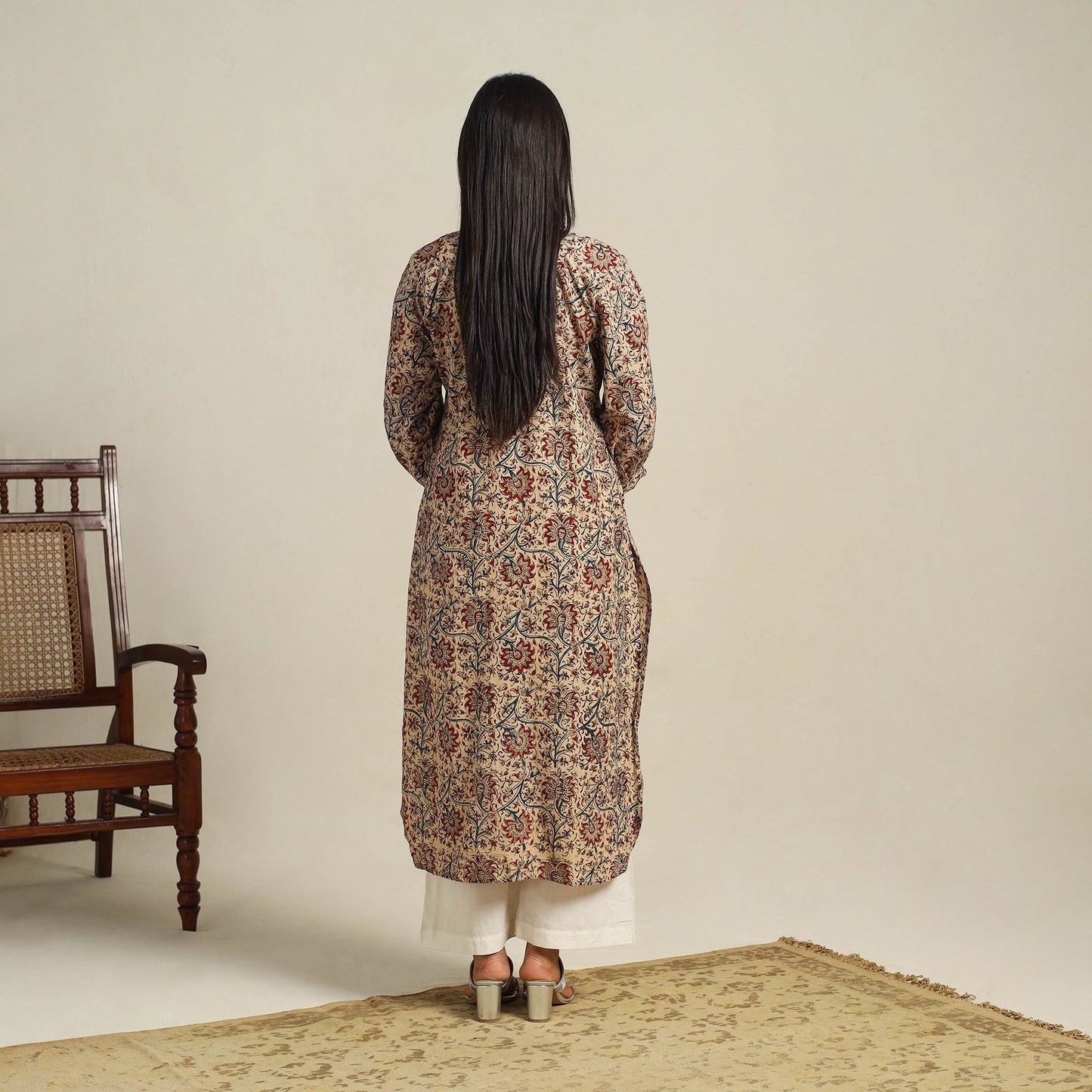  Beige Block Print Cotton Straight Kalamkari Kurta For Women