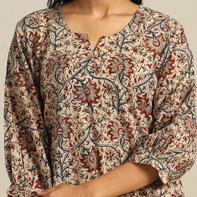  Beige Block Print Cotton Straight Kalamkari Kurta For Women