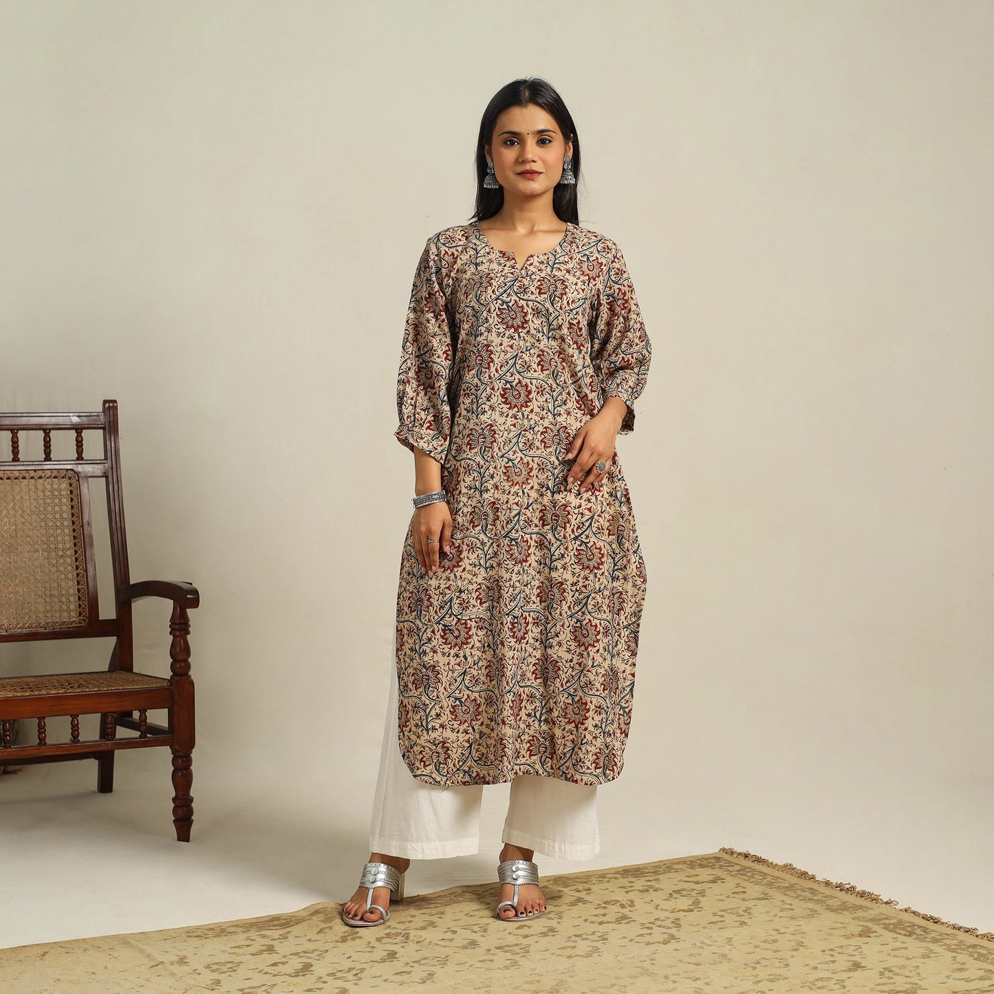  Beige Block Print Cotton Straight Kalamkari Kurta For Women