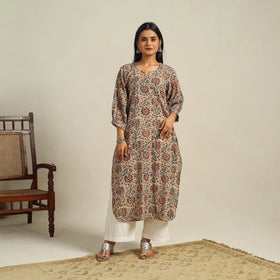  Beige Block Print Cotton Straight Kalamkari Kurta For Women