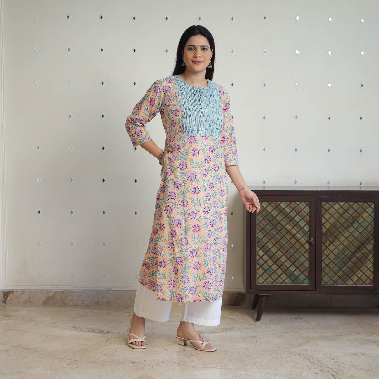 Beige - cotton straight pintuck sanganeri kurta 11