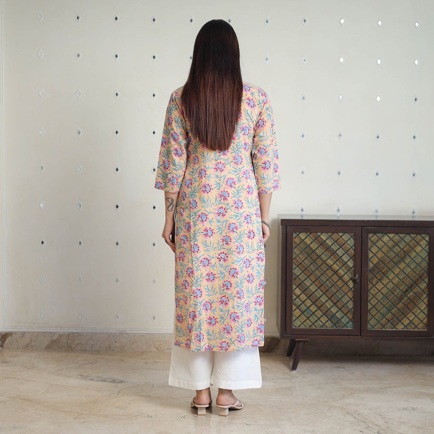 Beige - cotton straight pintuck sanganeri kurta 11