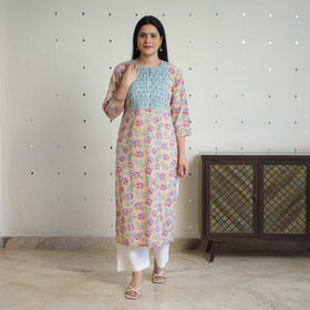 Beige - cotton straight pintuck sanganeri kurta 11