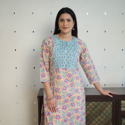 Beige - cotton straight pintuck sanganeri kurta 11