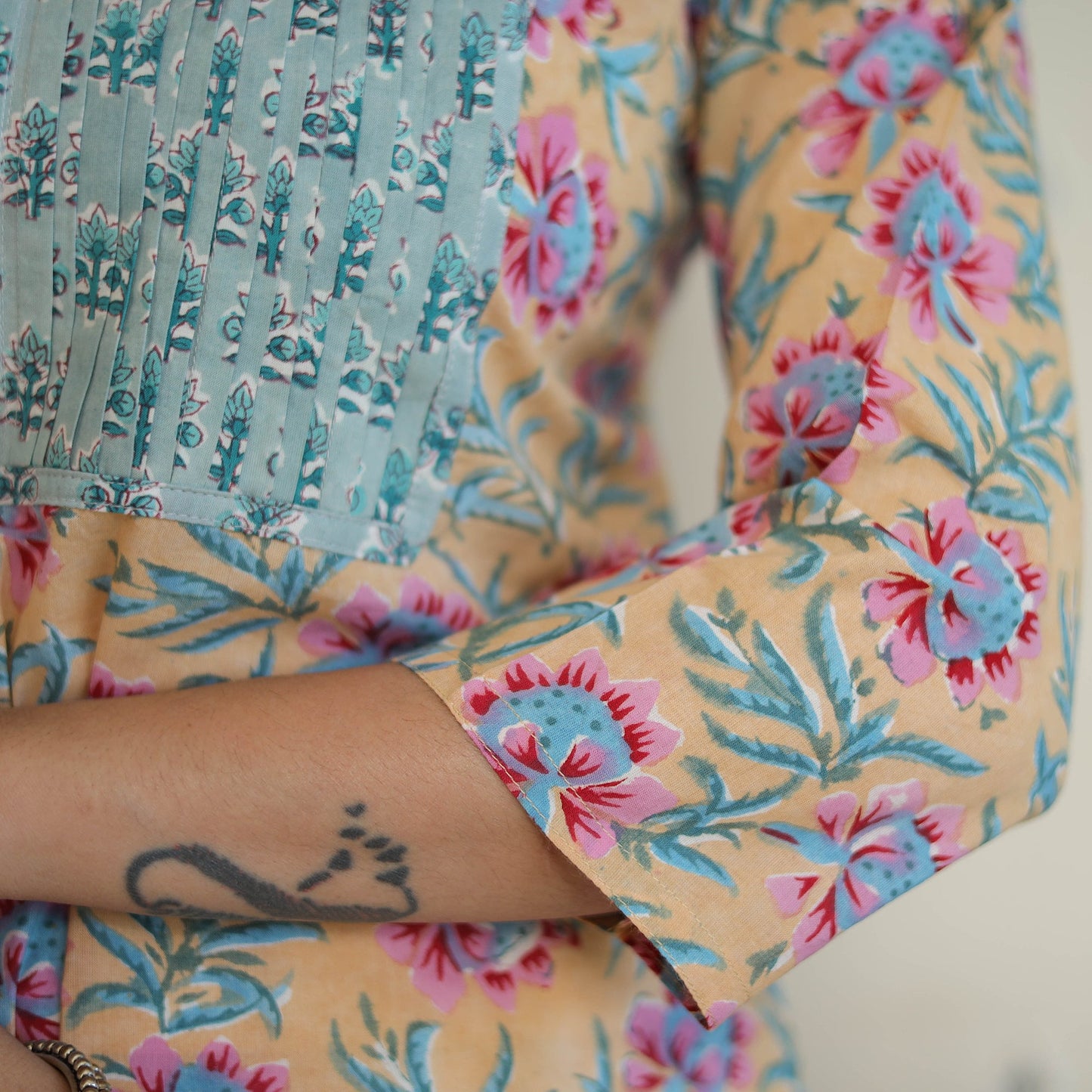 Beige - cotton straight pintuck sanganeri kurta 11